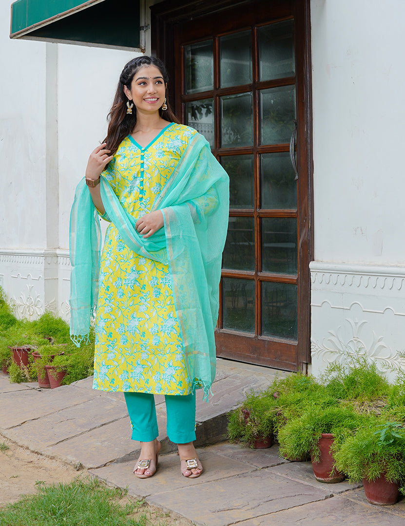 Firangi Green Kurta Pant With Dupatta Set (Three Nos in One Set)