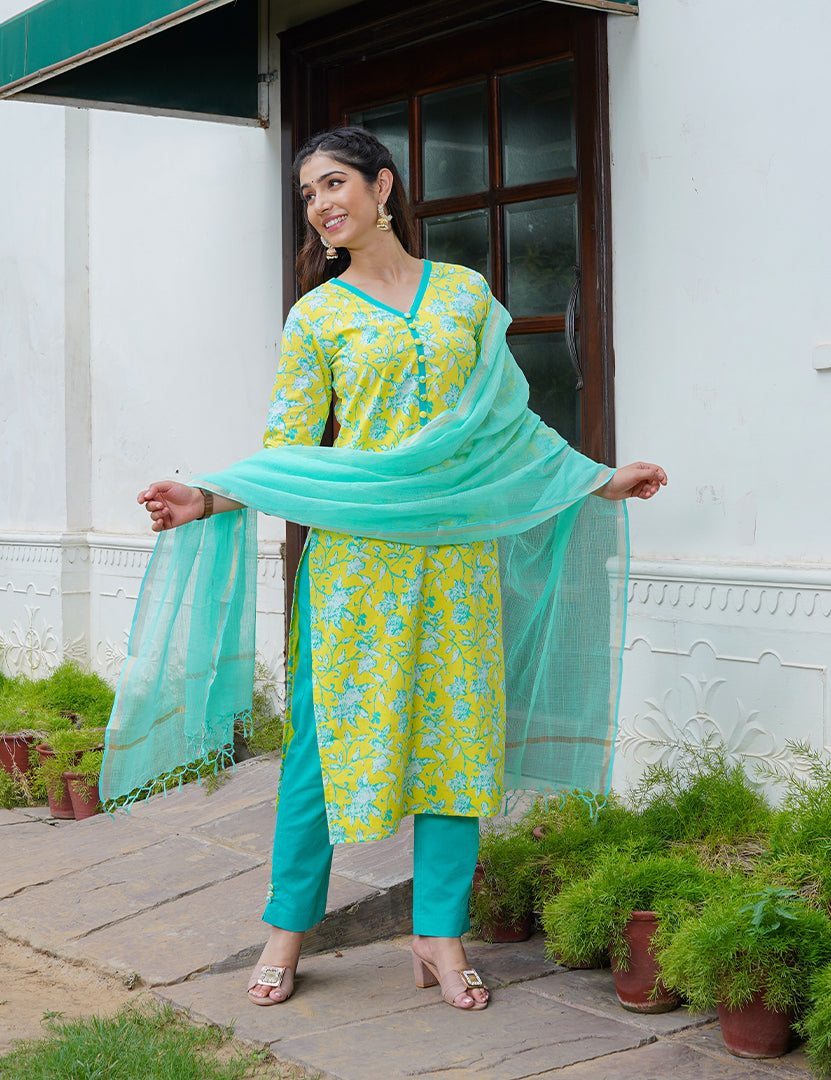 Firangi Green Kurta Pant With Dupatta Set (Three Nos in One Set)