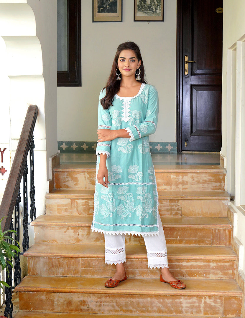 Ice Blue Kajodi Cotton Embroidery Kurta with Pant(2 Nos in 1 Set)