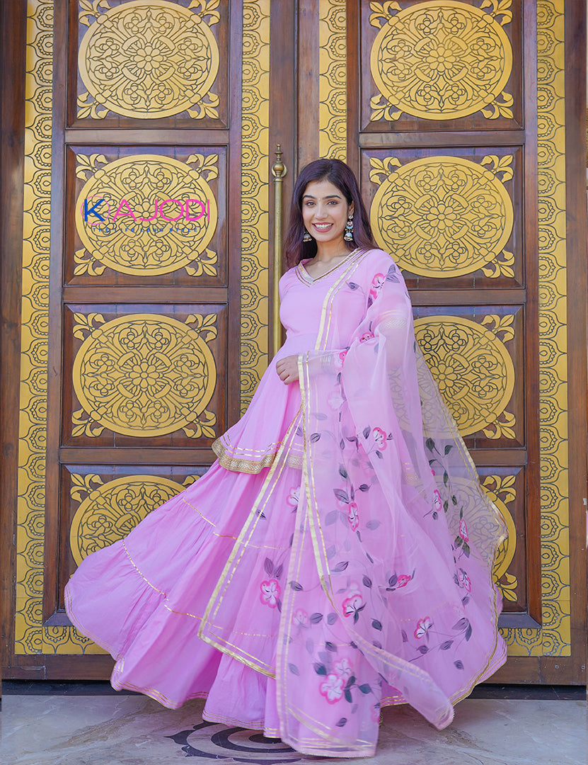 Glossy Pink Top with Tiered Skirt and Dupatta