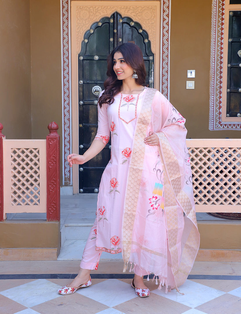 Pink Flower Kurta Pant With Dupatta (3 Nos in 1 Set)