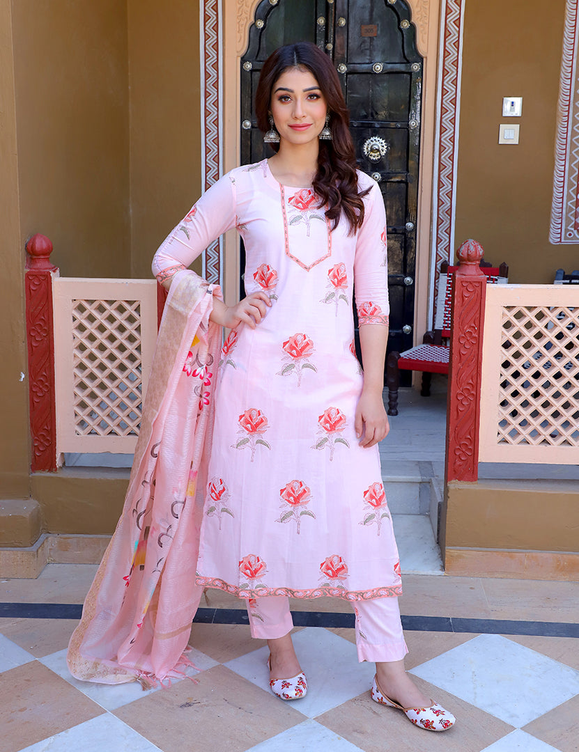 Pink Flower Kurta Pant With Dupatta (3 Nos in 1 Set)