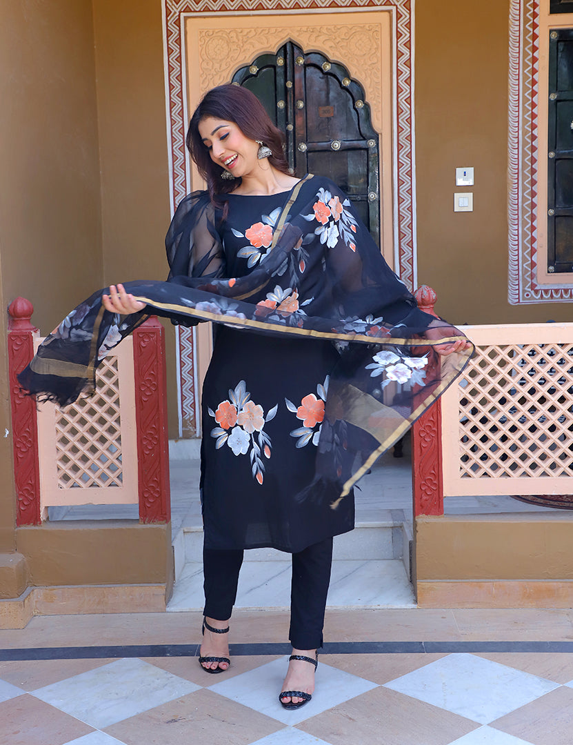 Black Hand Painted Cotton Kurta With Pant and Dupatta.(3 Nos in 1 Set)