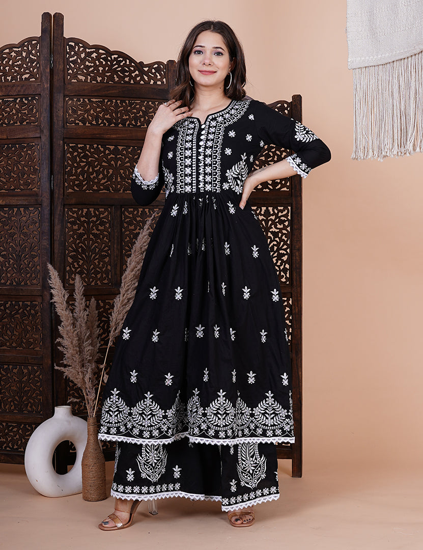 Black Embroidery Anarkali with Palazzo with Dupatta Sets