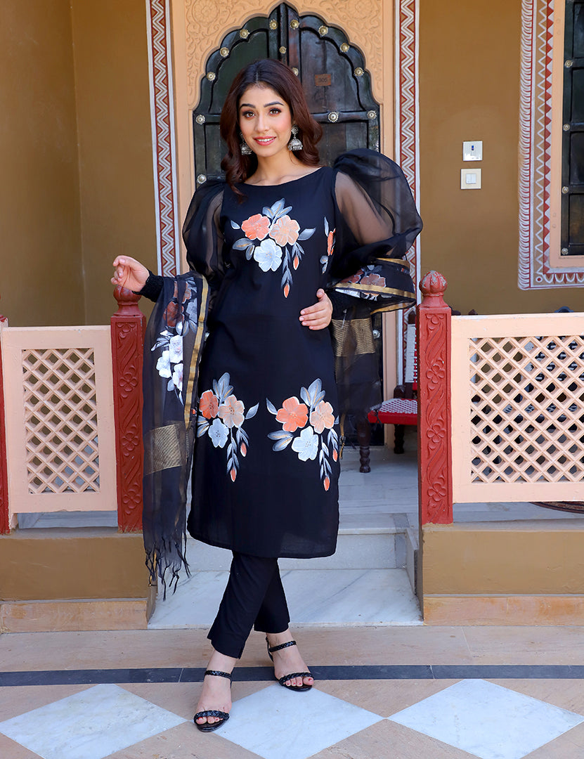 Black Hand Painted Cotton Kurta With Pant and Dupatta.(3 Nos in 1 Set)
