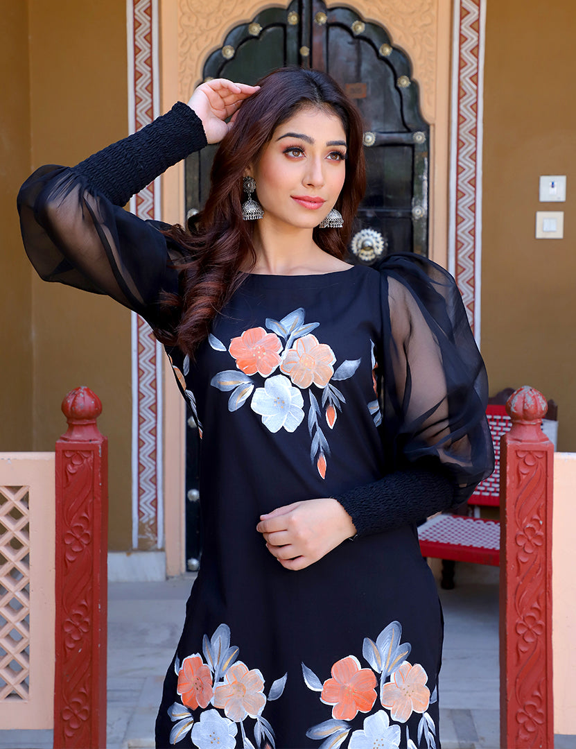 Black Hand Painted Cotton Kurta With Pant and Dupatta.(3 Nos in 1 Set)