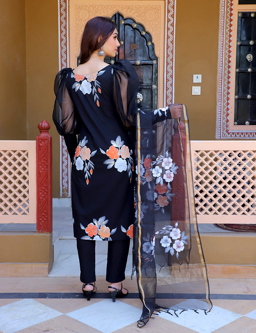 Black Hand Painted Cotton Kurta With Pant and Dupatta.(3 Nos in 1 Set)