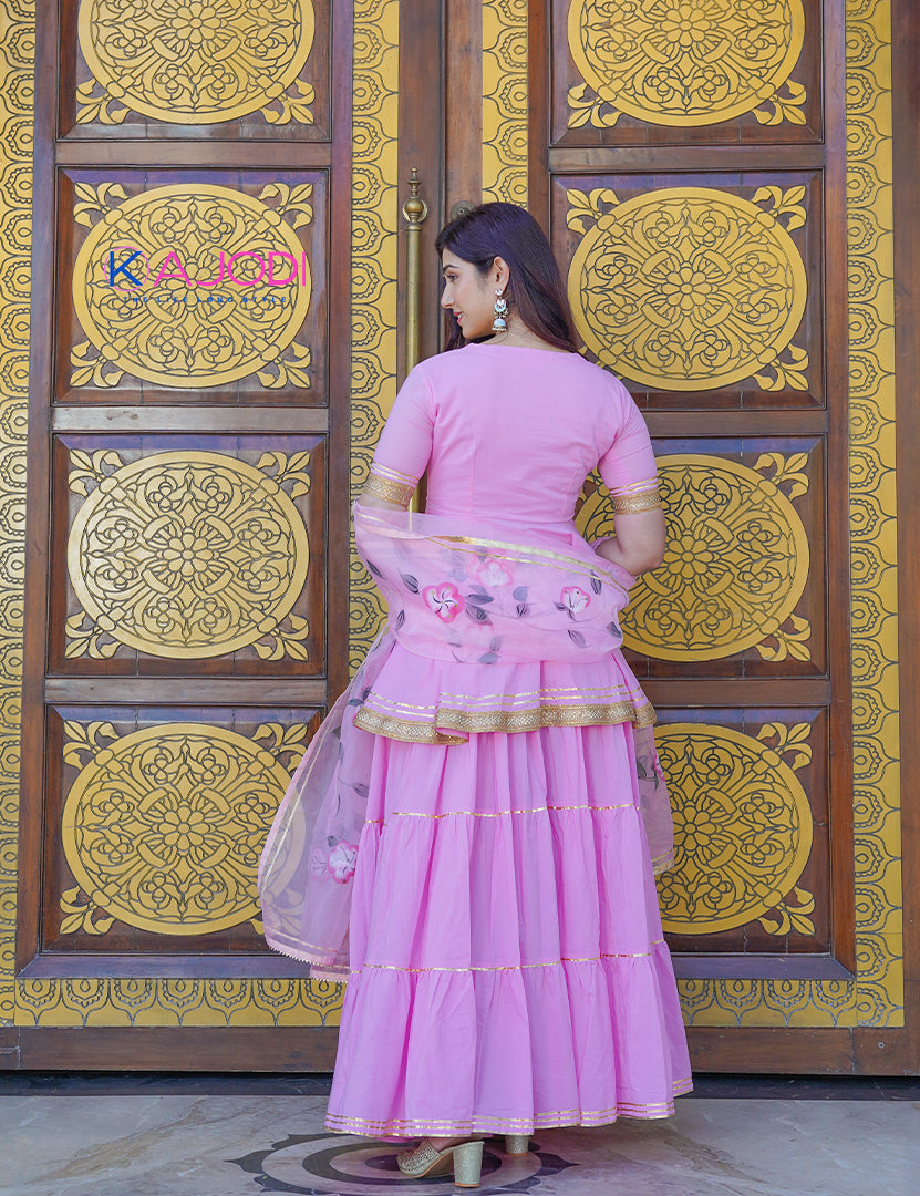 Glossy Pink Top with Tiered Skirt and Dupatta