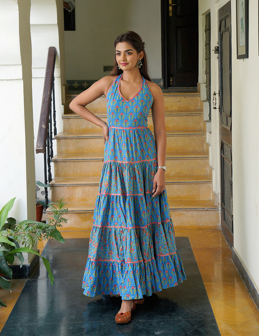 knee length dresses for ladies Ocean Blue Shibori Tie-Dye Cotton Gathered Maxi Dress 40