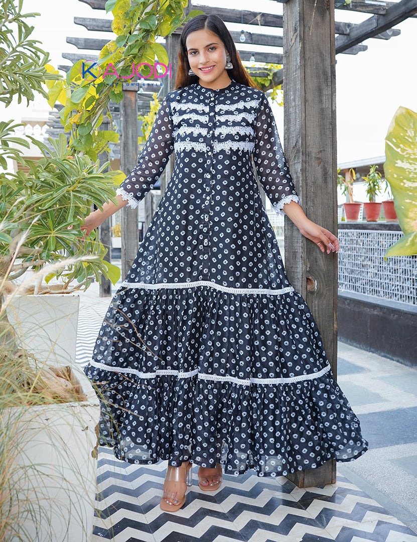 Black Polka Chanderi Long Dress