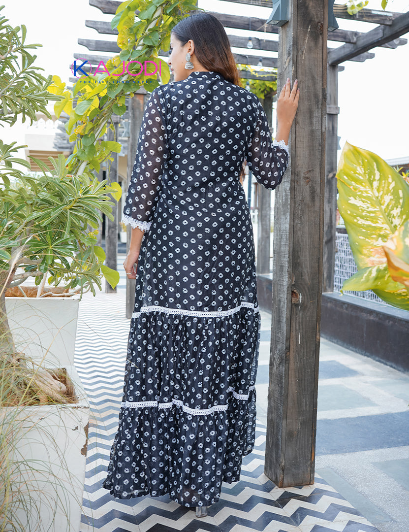 Black Polka Chanderi Long Dress