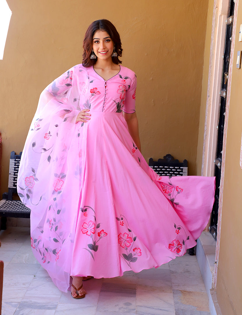 Pink Floral Masakali Dress Dupatta (2 Nos in 1 Set)