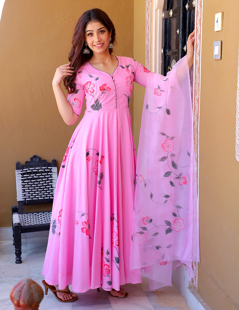 masakali dress for ladies Pink Floral Masakali Dress Dupatta (2 Nos in 1 Set)