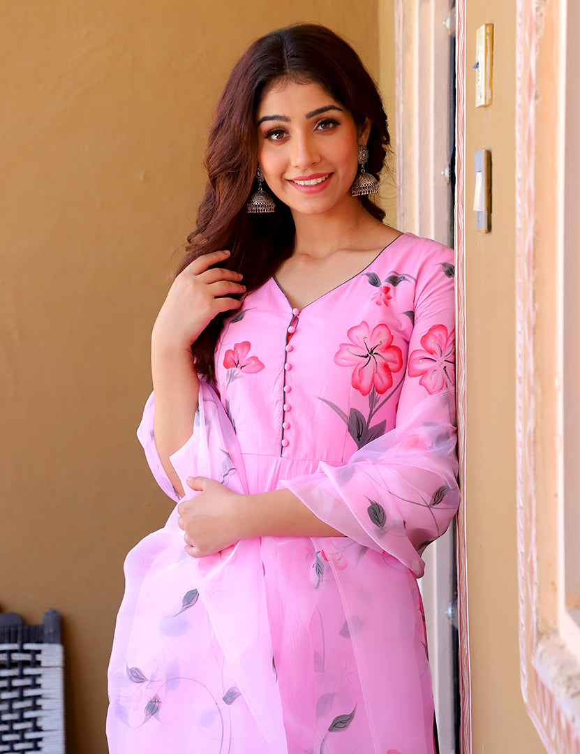 Pink Floral Masakali Dress Dupatta (2 Nos in 1 Set)