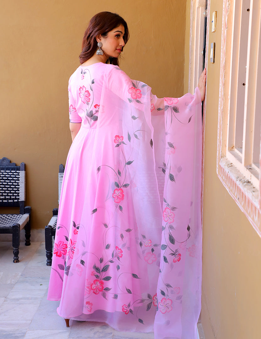 Pink Floral Masakali Dress Dupatta (2 Nos in 1 Set)