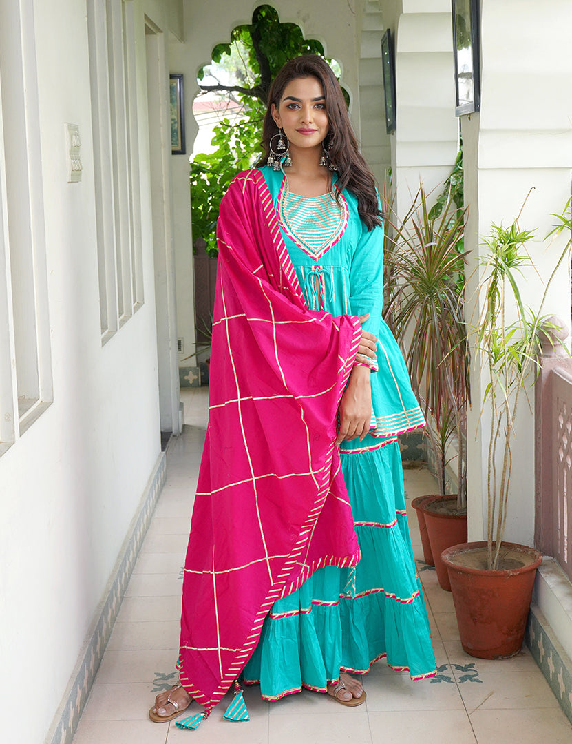 Turquoise Blue Kajodi Cotton Gharara with Pink Dupatta (3 Nos in 1 Set)