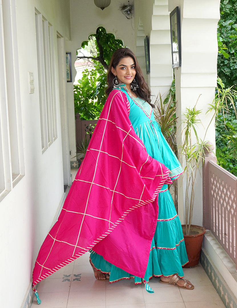 Turquoise Blue Kajodi Cotton Gharara with Pink Dupatta (3 Nos in 1 Set)