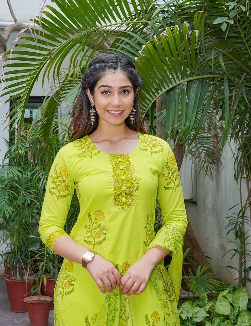 Alina Lime Green Kurta Pant with Dupatta Set (3 Nos in One Set)