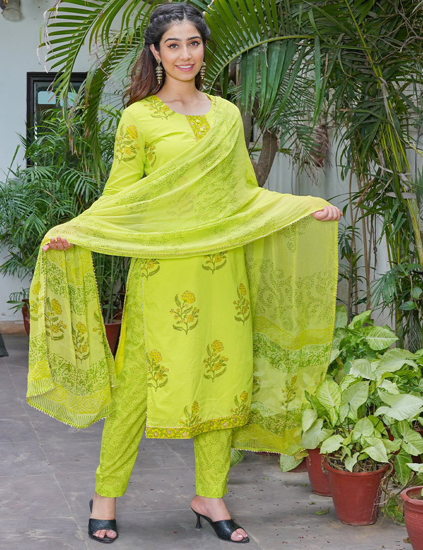 Alina Lime Green Kurta Pant with Dupatta Set (3 Nos in One Set)