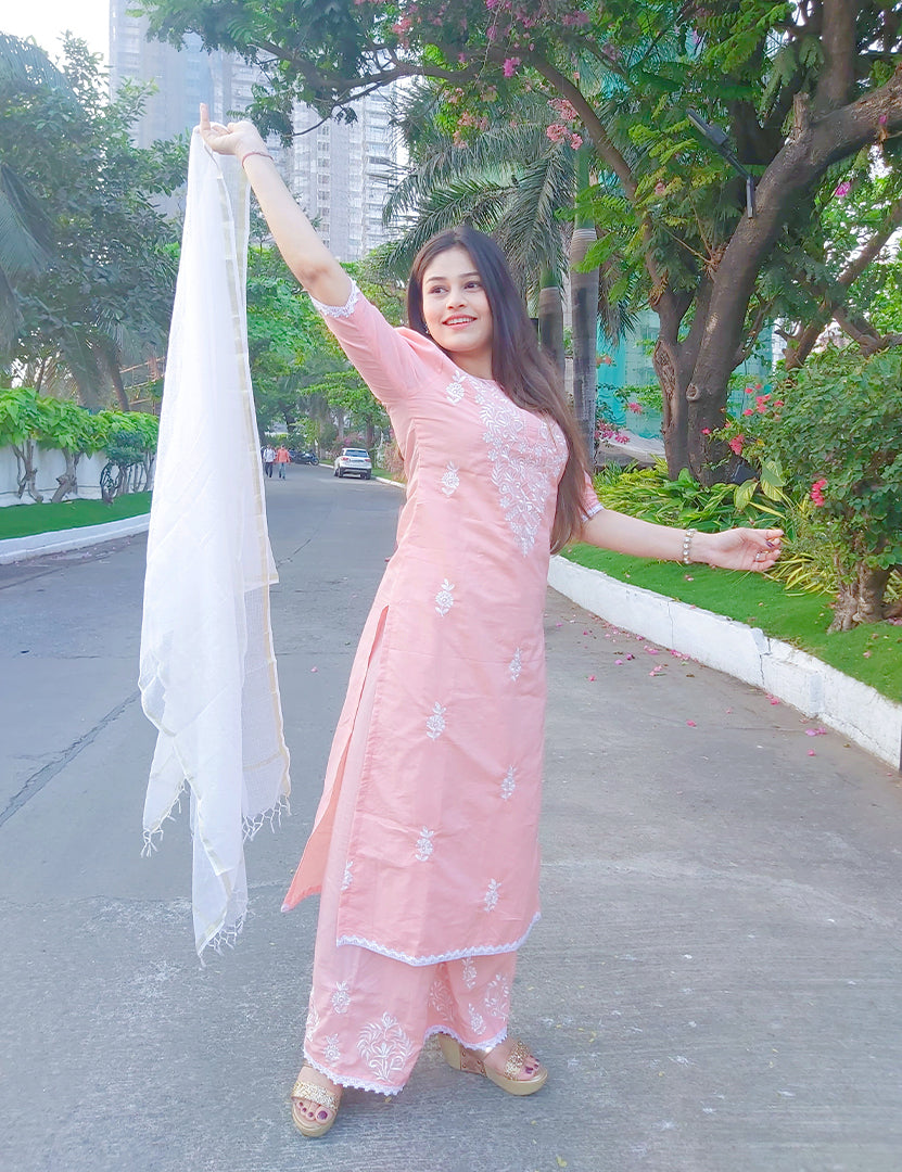 Peach Embroidery Kurta With Plazo and Dupatta (3 Nos in 1 Set)