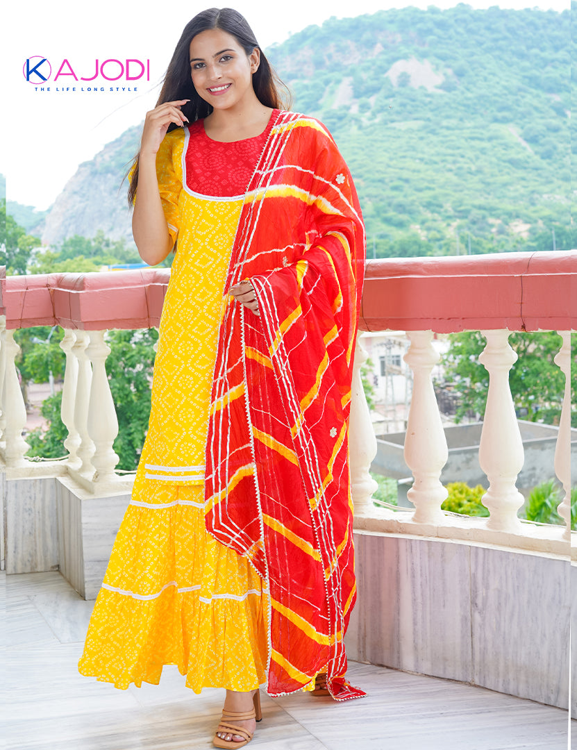 Yellow Bhandej Sharara Suit with Dupatta (Three Nos in One Set)