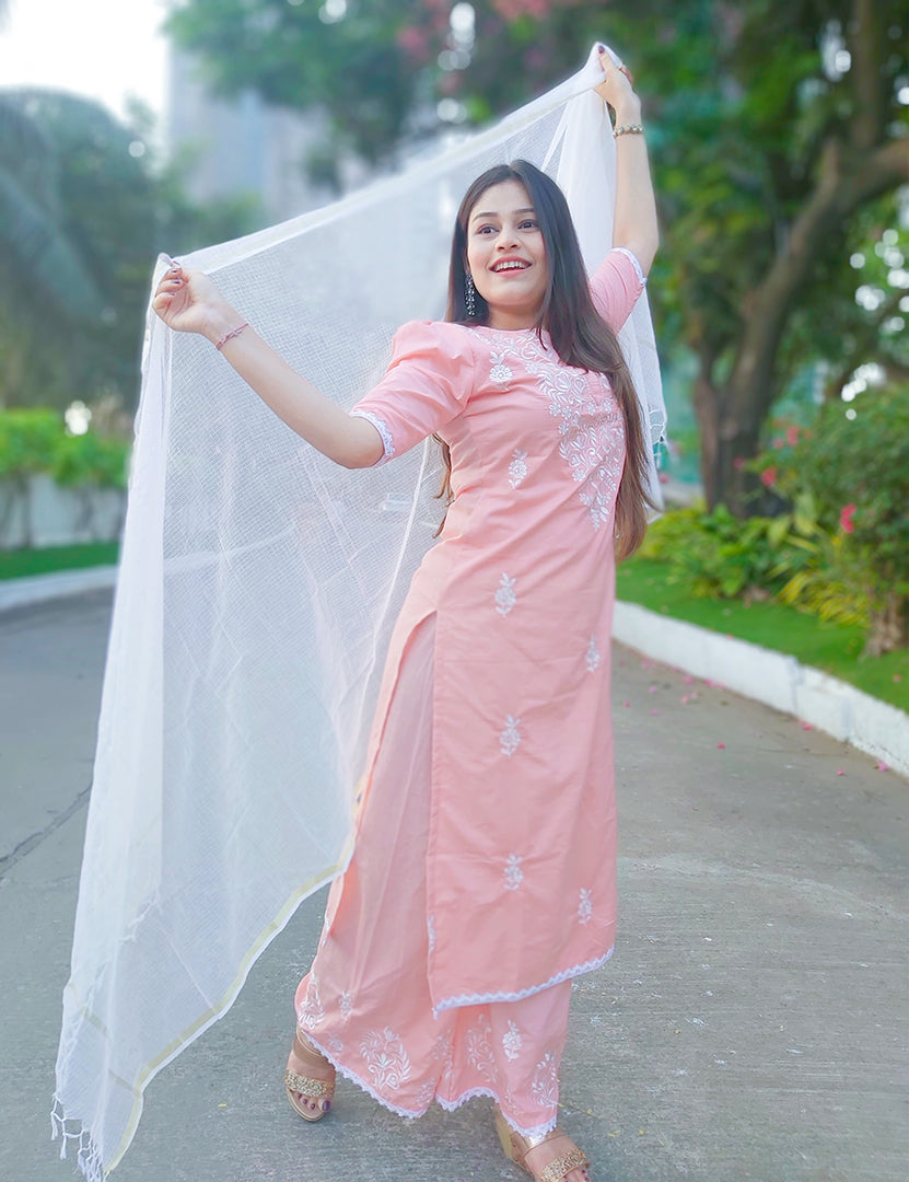 Peach Embroidery Kurta With Plazo and Dupatta (3 Nos in 1 Set)