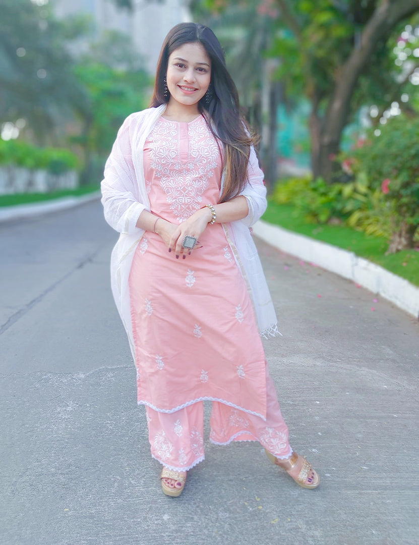 Peach Embroidery Kurta With Plazo and Dupatta (3 Nos in 1 Set)