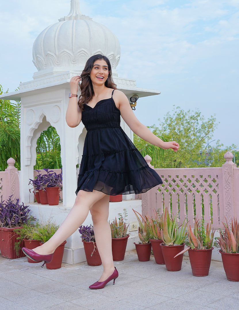 Black Shine Georgette Short Dress