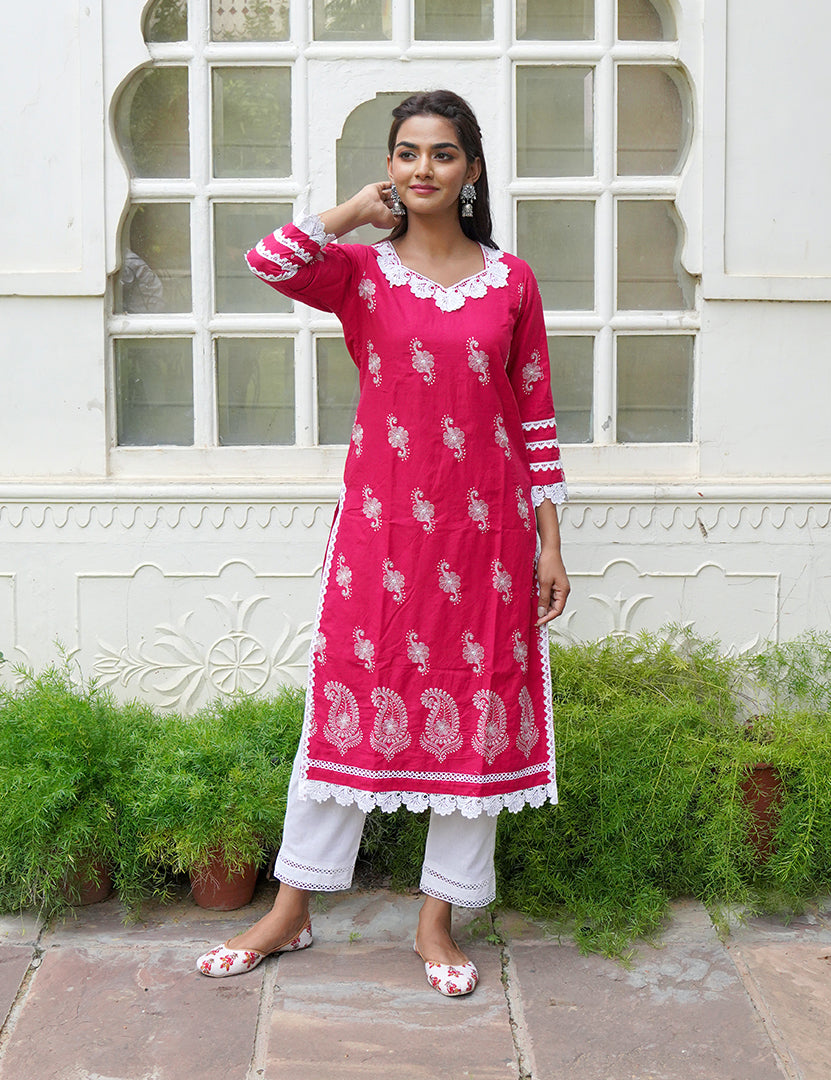 Dark Pink Kajodi Cotton Embroidery Kurta with Pant(2 Nos in 1 Set)