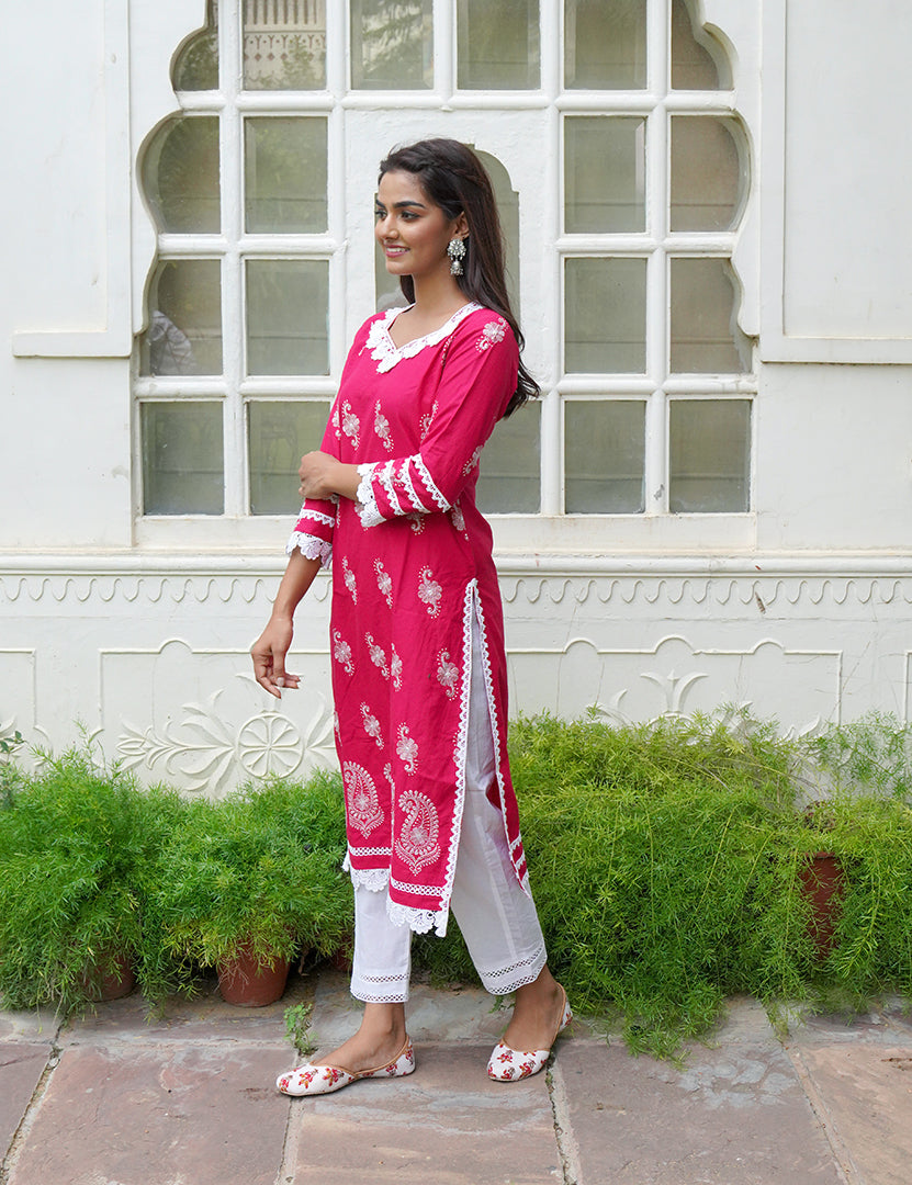 Dark Pink Kajodi Cotton Embroidery Kurta with Pant(2 Nos in 1 Set)