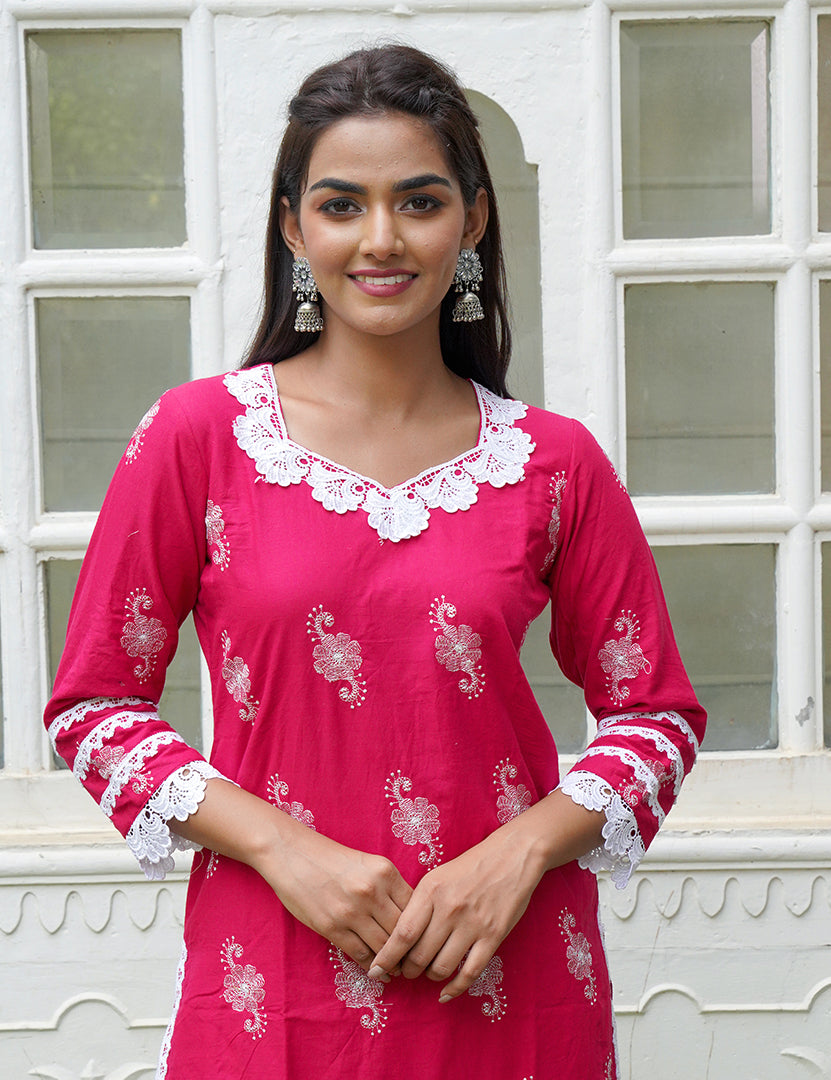 Dark Pink Kajodi Cotton Embroidery Kurta with Pant(2 Nos in 1 Set)