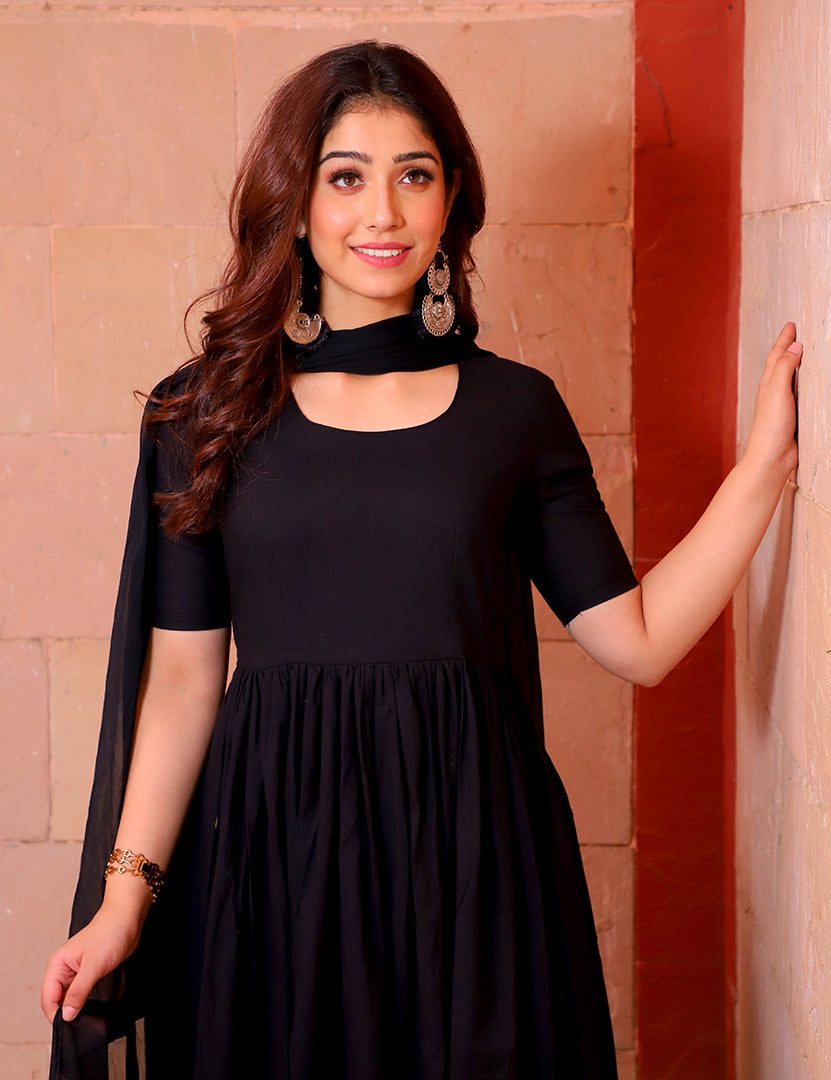 Black Cotton Anarkali Dress with Pant and Dupatta (3 Nos in 1 Set)