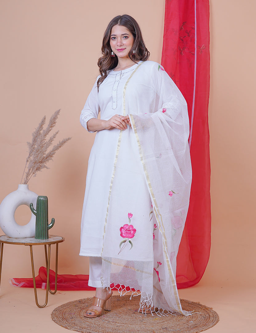 White Kajodi Kurta with Pant and Dupatta (3 Nos in 1 Set)
