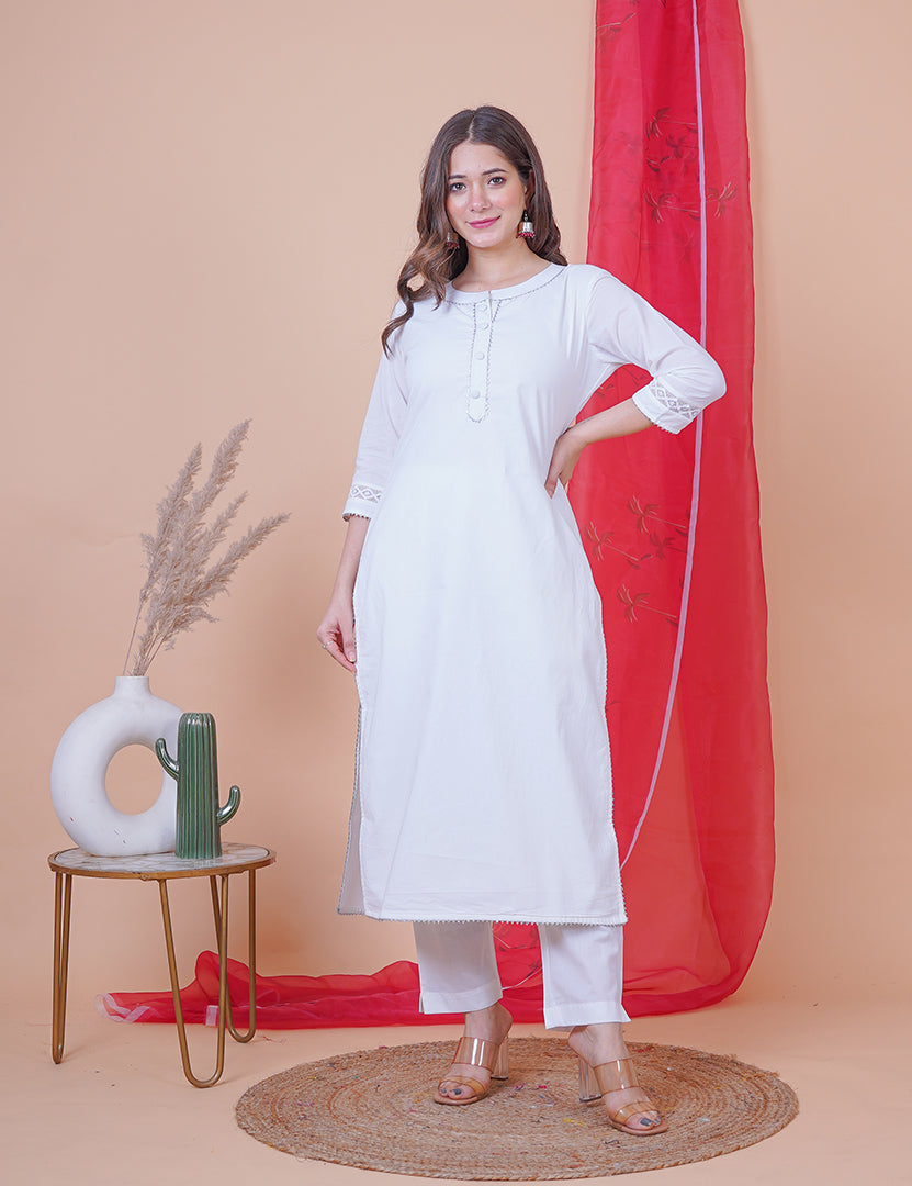 White Kajodi Kurta with Pant and Dupatta (3 Nos in 1 Set)