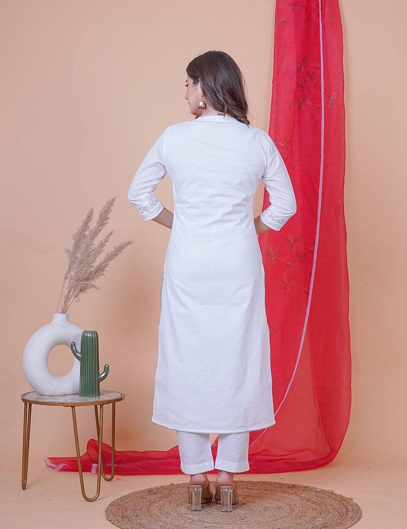 White Kajodi Kurta with Pant and Dupatta (3 Nos in 1 Set)