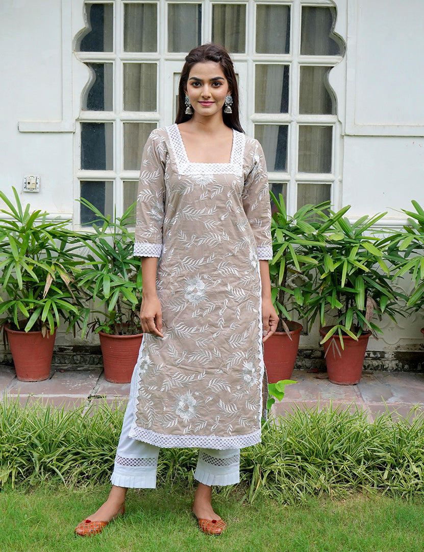 Brown Kajodi Cotton Embroidery Kurta with Pant(2 Nos in 1 Set)