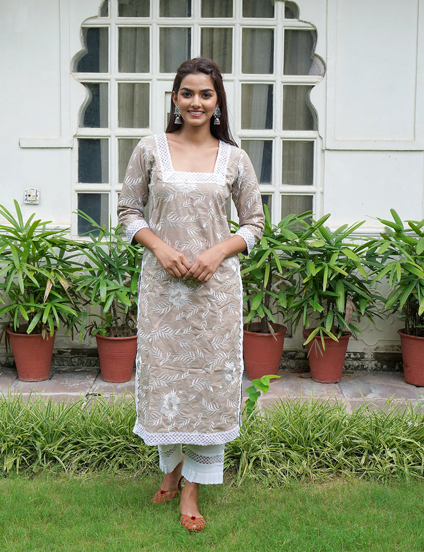 Brown Kajodi Cotton Embroidery Kurta with Pant(2 Nos in 1 Set)