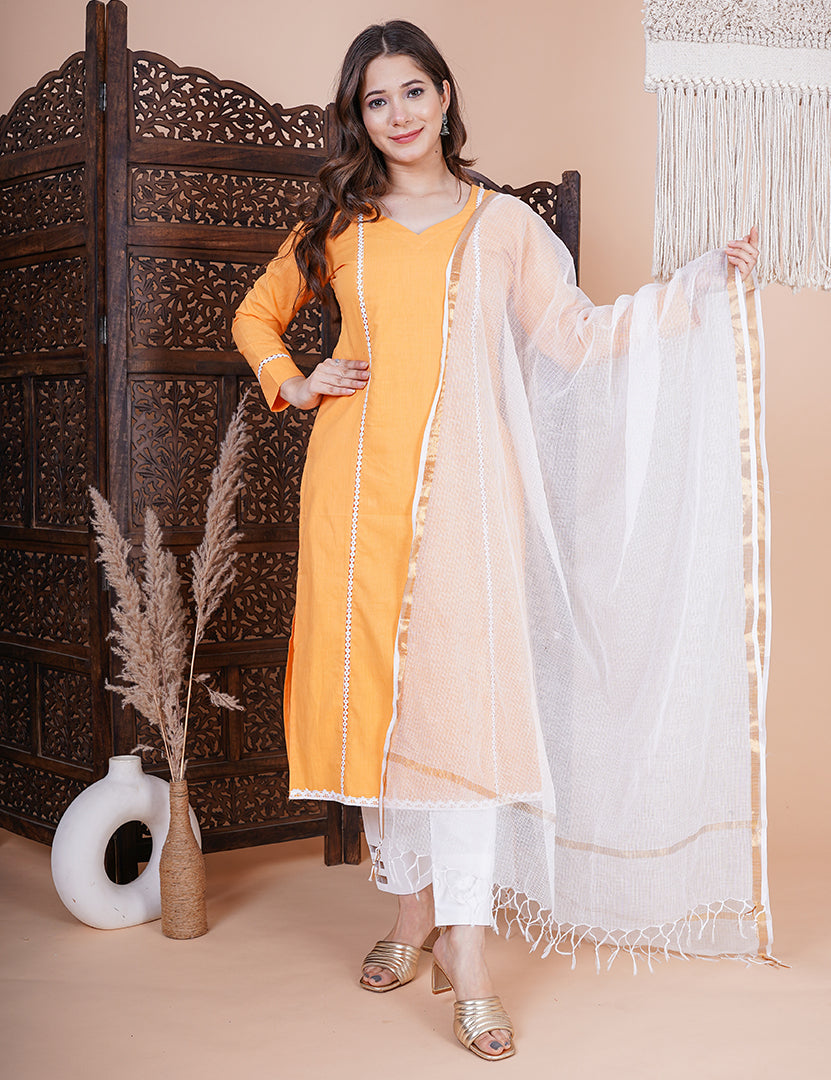 Orange Kurta with White Pant and Dupatta (3 Nos in 1 Set)