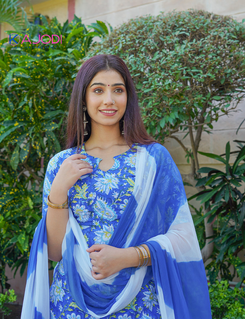 Blue Cotton Sharara Suit with Dupatta Set