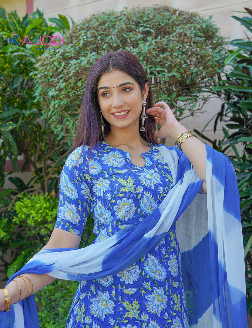 Blue Cotton Sharara Suit with Dupatta Set