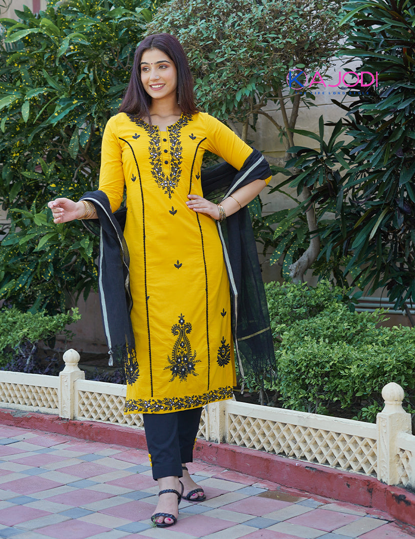 Mustard Black Embroidered Long Kurta Pant with Dupatta Set