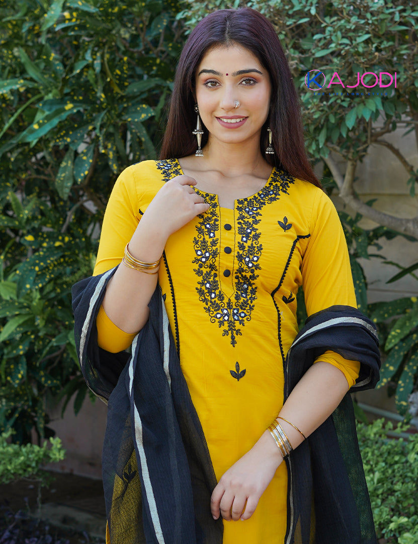 Mustard Black Embroidered Long Kurta Pant with Dupatta Set