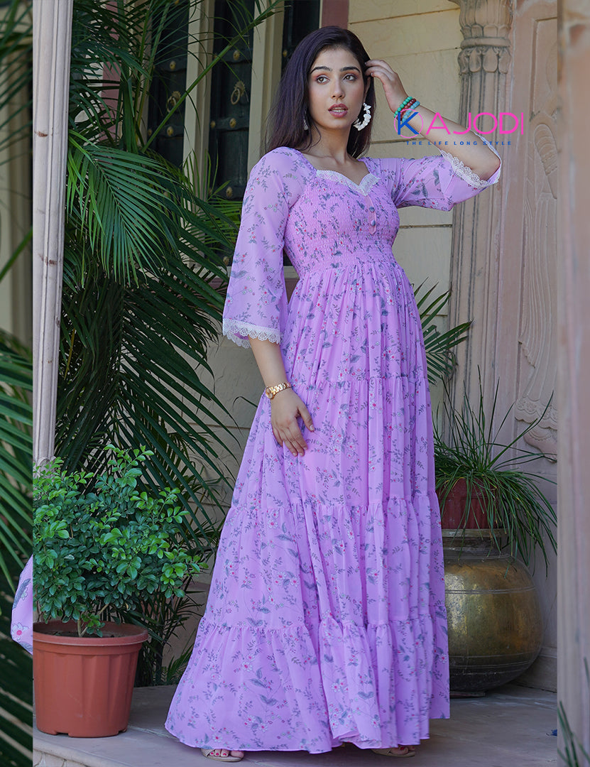 Pink Floral Georgette Long Dress