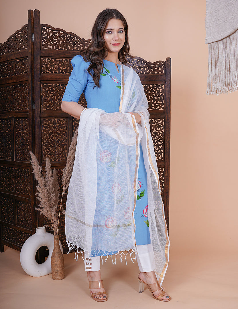 Blue Hand Painted Kurta with Pant and Dupatta (3 Nos in 1 Set)