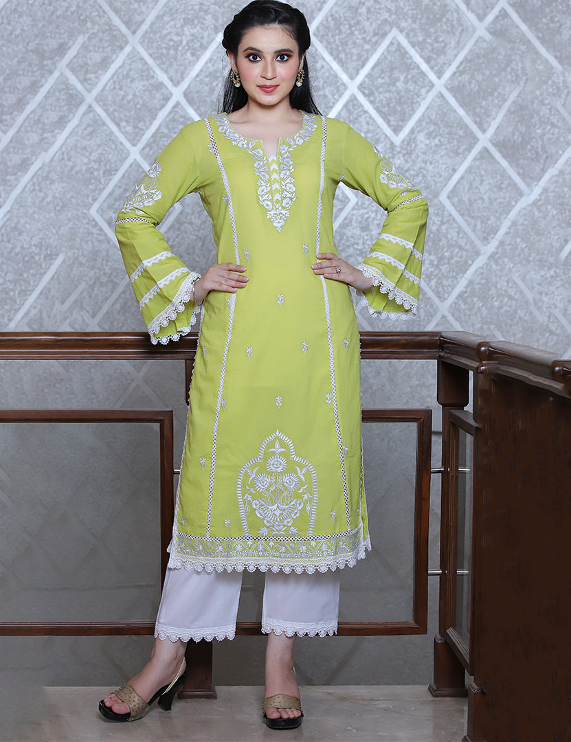 Green Kajodi Pretty Cotton Embroidery Kurta with Pant(2 Nos in 1 Set)