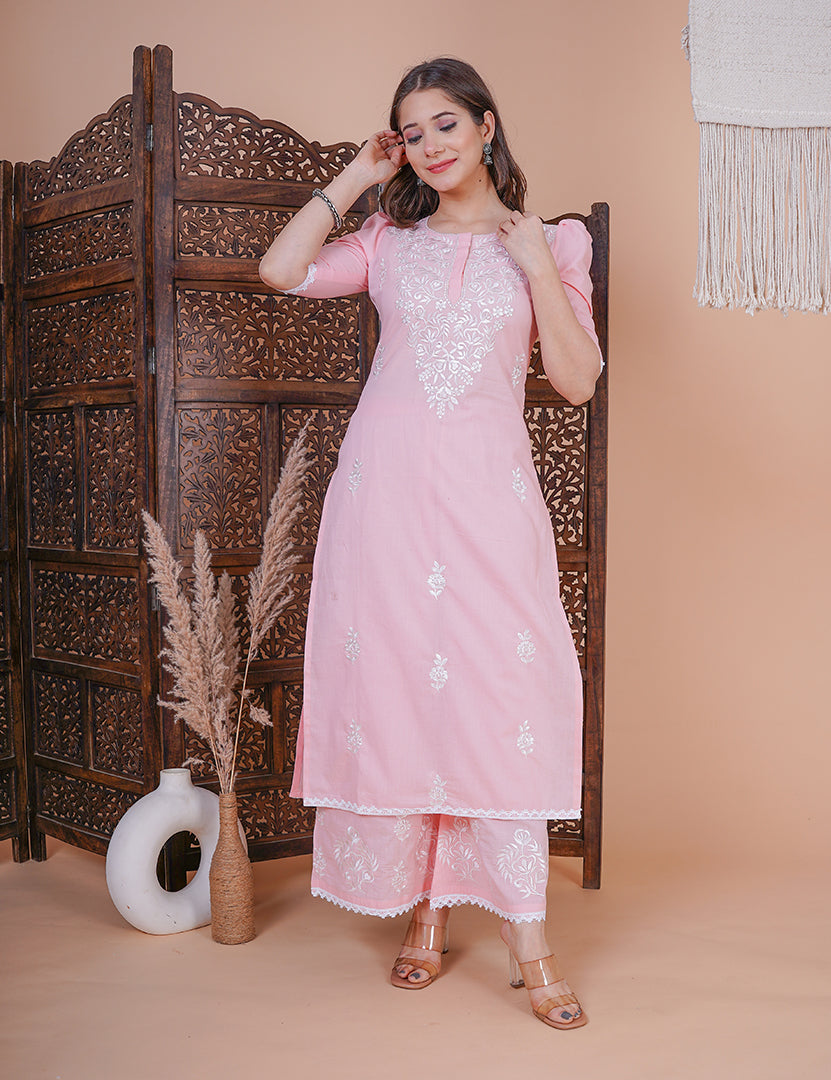 Peach Embroidery Kurta With Plazo and Dupatta (3 Nos in 1 Set)