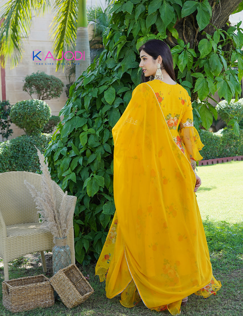 Mustard Organza Hand Work Maskali Long Dress with Dupatta