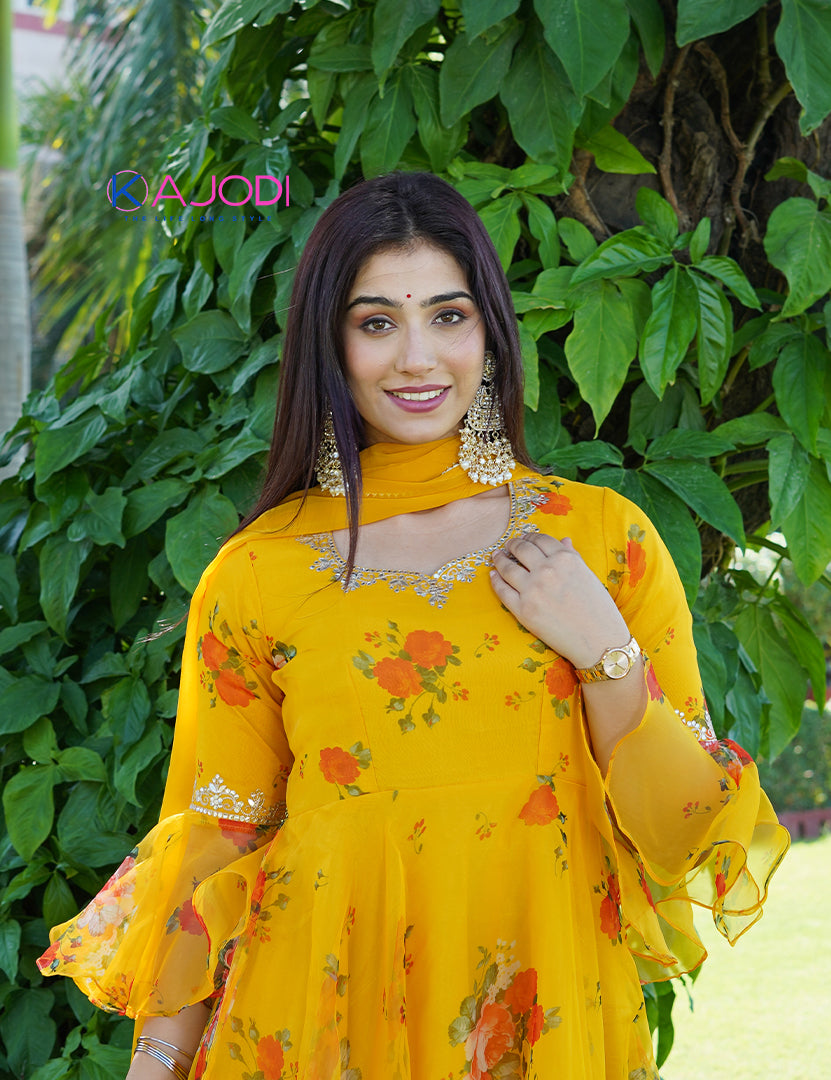 Mustard Organza Hand Work Maskali Long Dress with Dupatta