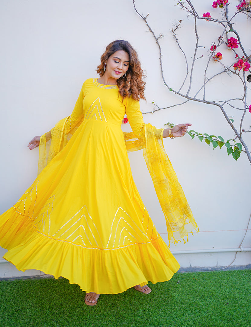Yellow Anarkali Tier Dress With Dupatta (2 Nos in Set) – Kajodi