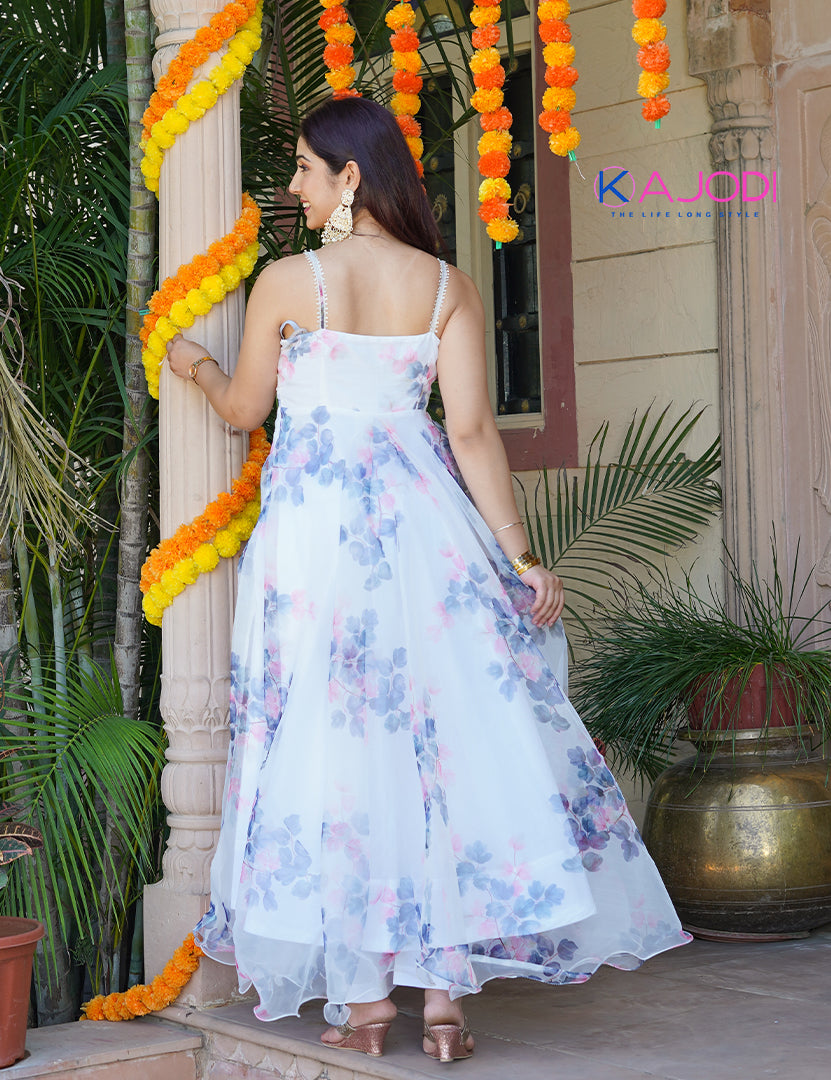 Mohini White Organza Floral Long Dress